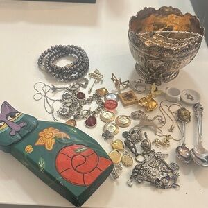 Vintage Gold and Sterling Silver Jewellery Pendants Charms Pins Junk Drawer